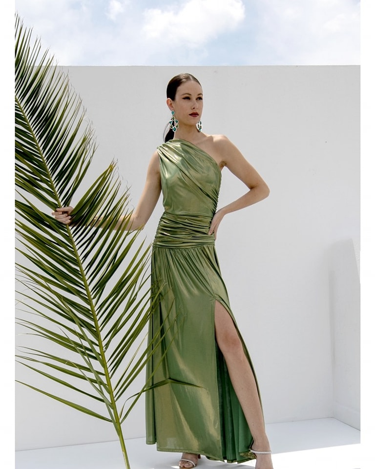 Maxi Φόρεμα Μεταλλιζέ One Shoulder Πράσινο Egoista Anerio