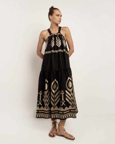 Μακρύ Φόρεμα Feather Halter Black/Gold Greek Archaic Kori Anerio