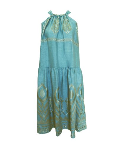 Μακρύ Φόρεμα Feather Halter Sea Green/Gold Greek Archaic Kori Anerio