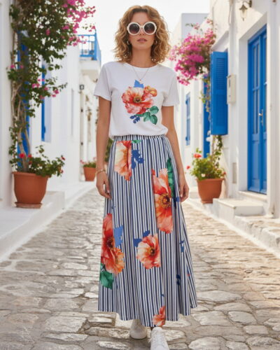 Dejavu Ριγέ Μάξι Φούστα με Λουλούδια