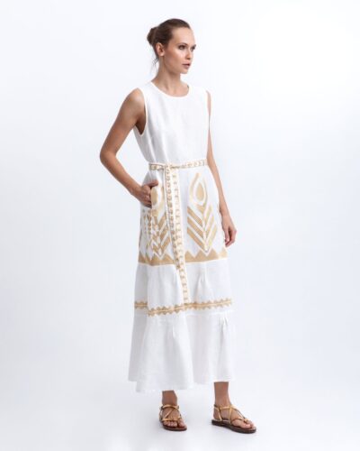 Greek Archaic Kori Μακρύ Φόρεμα Feather White/Gold Anerio