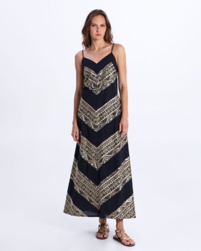 Greek Archaic Kori Μακρύ Φόρεμα Classic Triangle Black/Gold Anerio