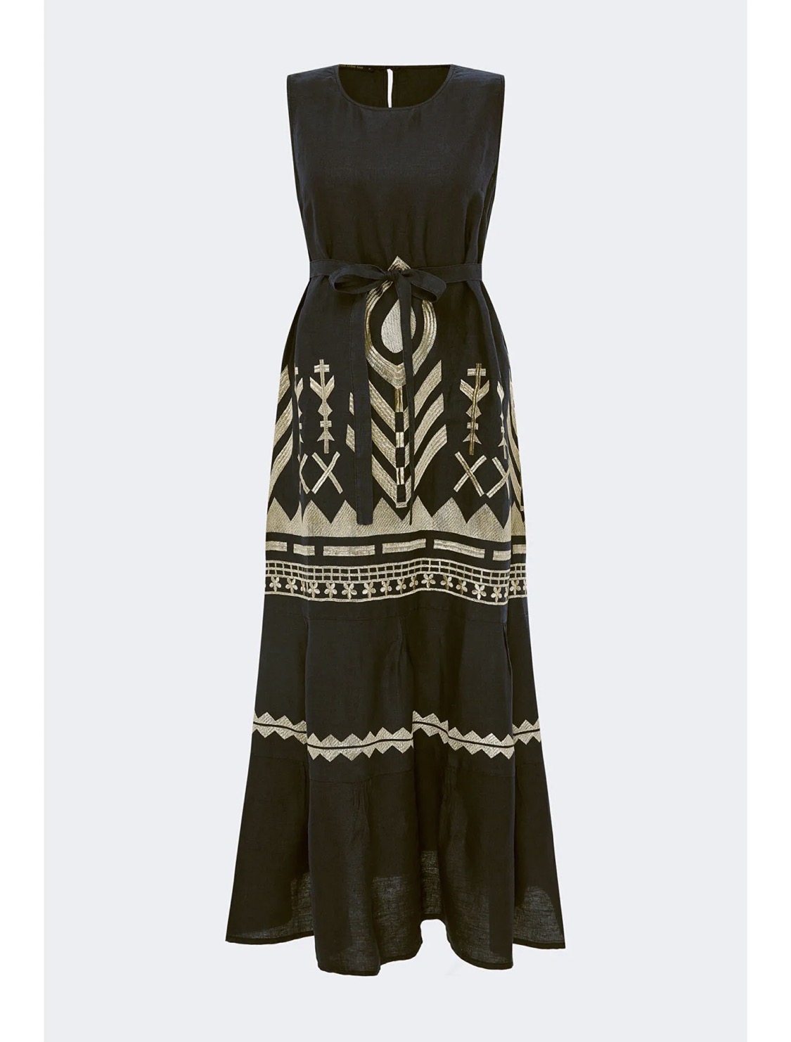 Greek Archaic Kori Μακρύ Φόρεμα Feather Black/Gold - Image 2