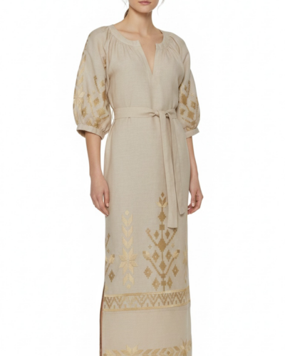 Greek Archaic Kori Μακρυ Φόρεμα Ios Beige/Gold