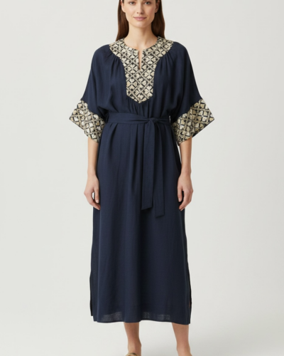 Greek Archaic Kori Μακρύ Φόρεμα Flakes Navy/Gold/Champagne Anerio