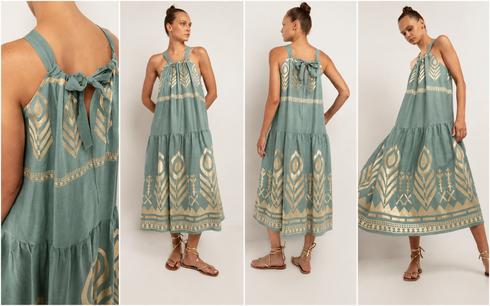 Greek Archaic Kori Μακρύ Φόρεμα Feather Sea green/Gold - Image 2