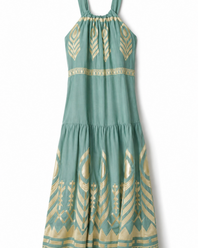 Greek Archaic Kori Μακρύ Φόρεμα Feather Sea green/Gold Anerio