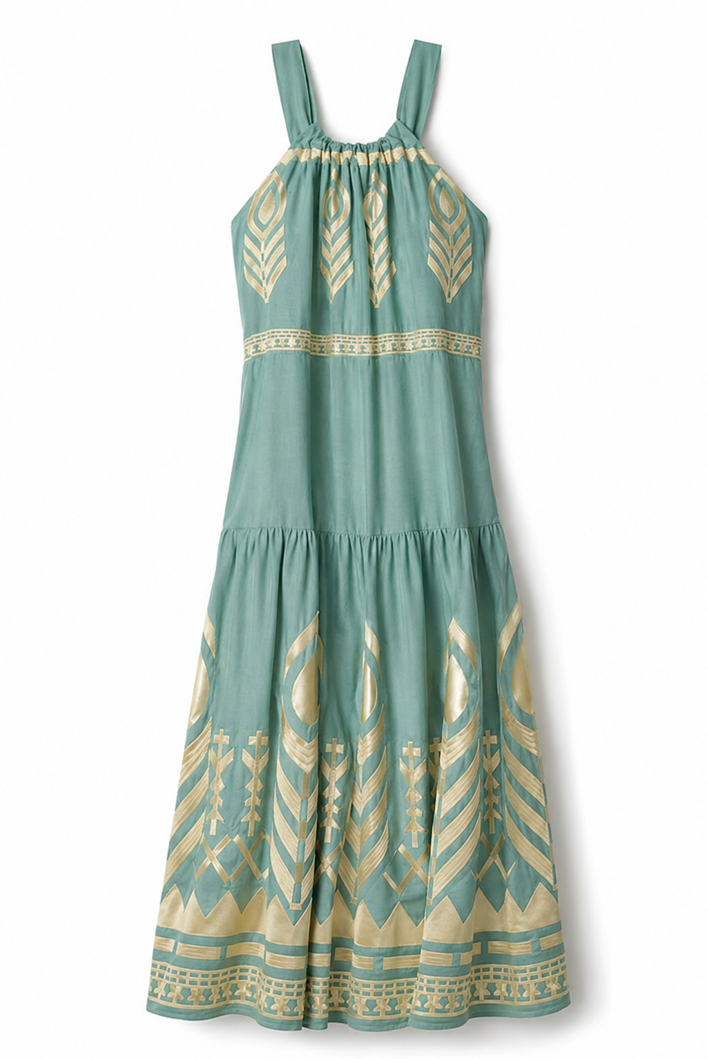 Greek Archaic Kori Μακρύ Φόρεμα Feather Sea green/Gold Anerio